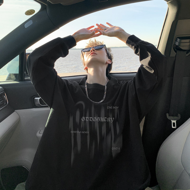 Spliced ​​Spring and Autumn outdoor scene literary couple long-sleeved T-shirt men's trendy youth loose thin sweatshirt