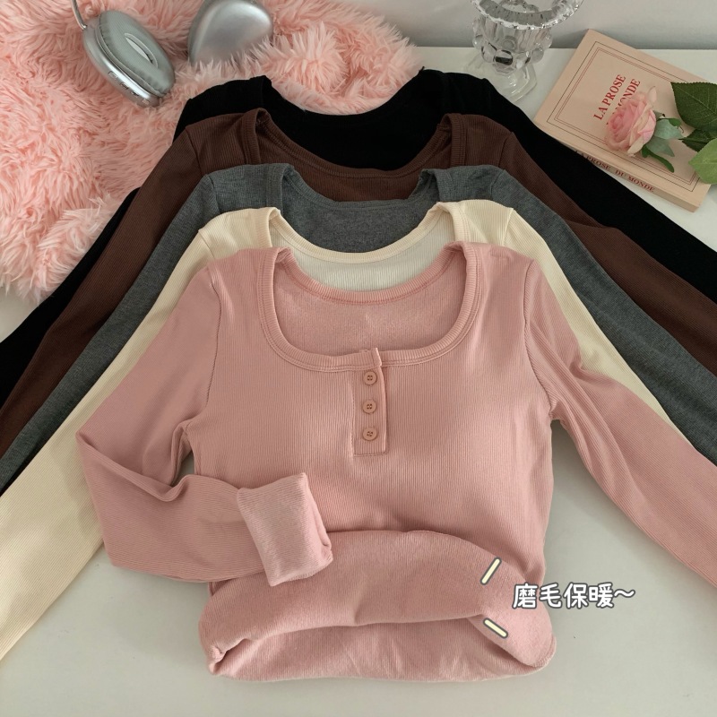 Actual shot and real price for autumn and winter warm brushed plus velvet thickened square collar inner clavicle base layer slim long-sleeved top for women