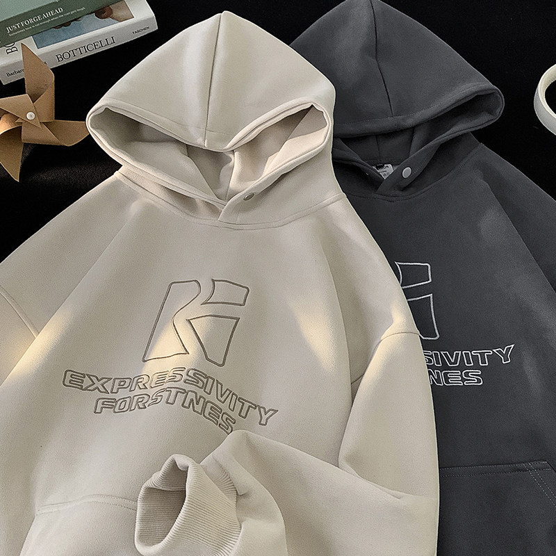 High conversion men's heavyweight embroidered suede pullover hooded sweatshirt loose