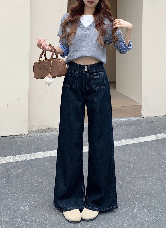 Small dark blue high-waisted wide-leg jeans for women autumn new loose straight straight floor-length trousers trendy