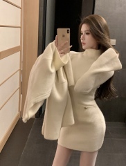 Women's new knitted woolen dress with high collar and bell sleeves, slim fit and hip-hugging skirt