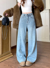 Autumn and winter thickened velvet scimitar wide-leg jeans for women high-waist slim straight floor-length trousers