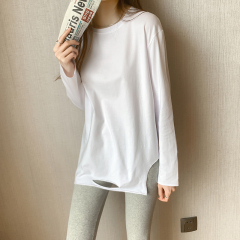 Real shot and real price large size pure cotton spring long-sleeved hole T-shirt round neck loose mid-length irregular top for women