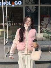 Pink stand-up collar patchwork cotton clothing women's autumn and winter new style sweet short coat