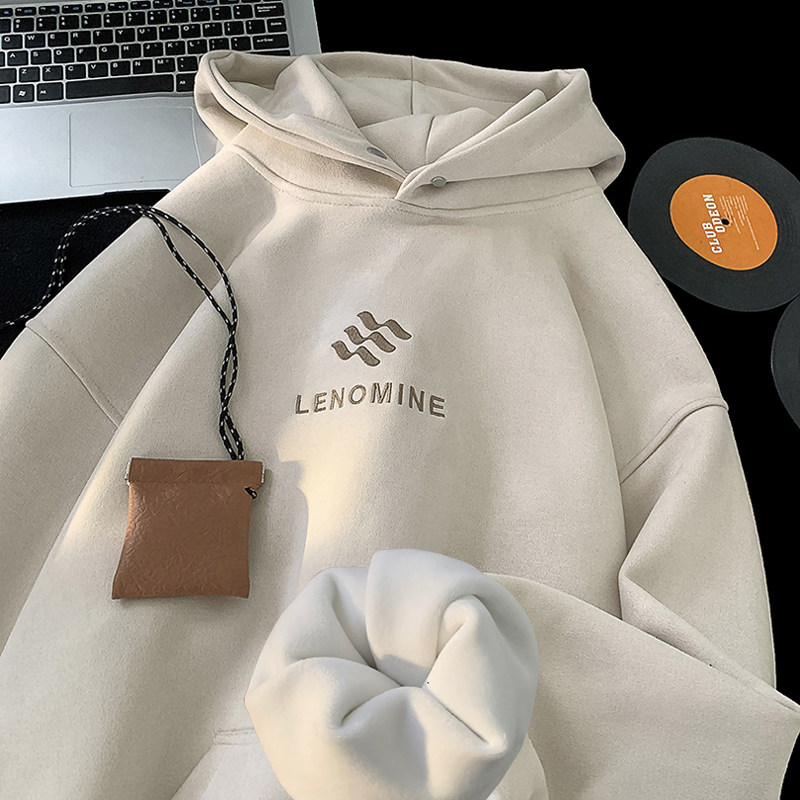 High-click heavyweight suede pullover hooded sweatshirt