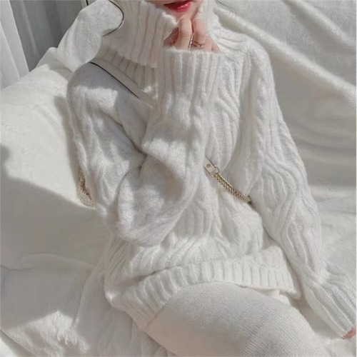 Autumn and winter turtleneck sweater for women 2024 new style lazy style loose outer wear thickened retro twist knitted sweater top