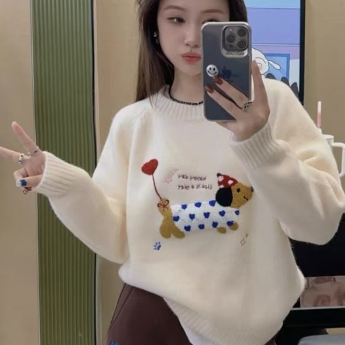 2024 Autumn Korean style round neck thorn show cartoon dog loose knitted sweater for women