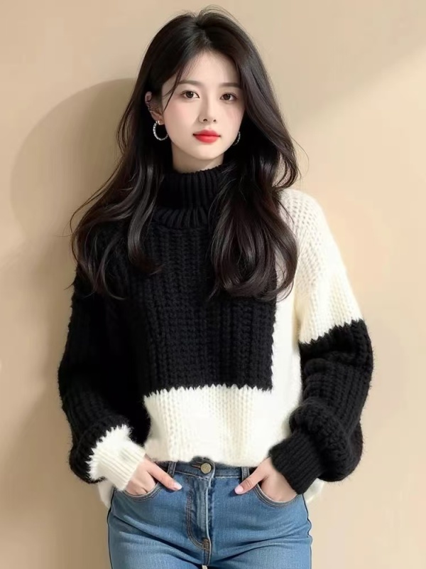 Black spliced ​​half turtleneck knitted soft and waxy unique beautiful sweater for women 2024 new late autumn and early winter lazy top