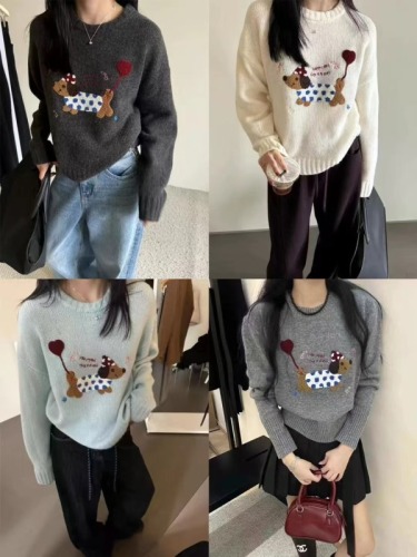 2024 Autumn Korean style round neck thorn show cartoon dog loose knitted sweater for women
