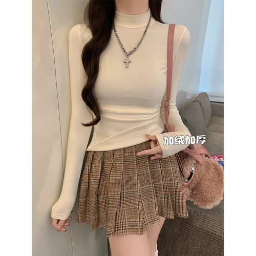 Thickened velvet half turtleneck long-sleeved T-shirt bottoming shirt for women with design pleated slim fit top