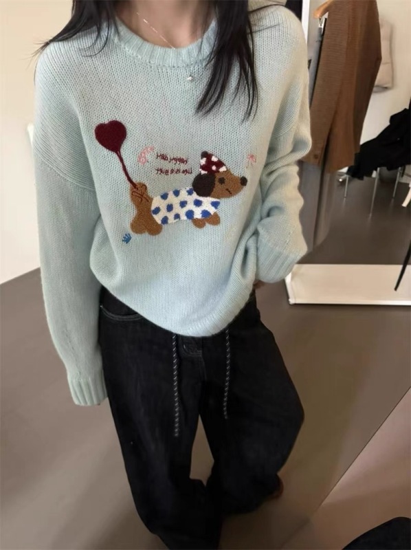 2024 Autumn Korean style round neck thorn show cartoon dog loose knitted sweater for women