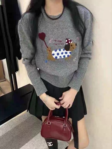 2024 Autumn Korean style round neck thorn show cartoon dog loose knitted sweater for women