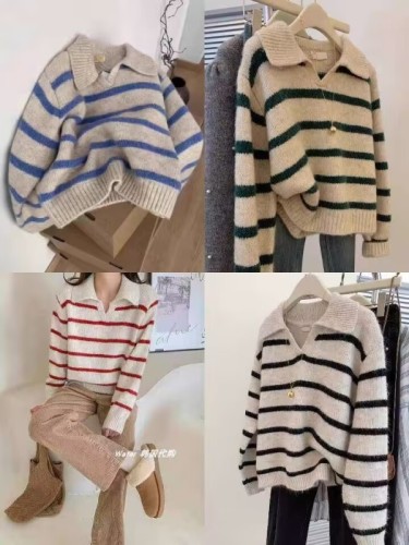 Korean style striped lapel raccoon velvet pullover sweater for women petite lazy style cashmere v-neck sweater 2024 winter