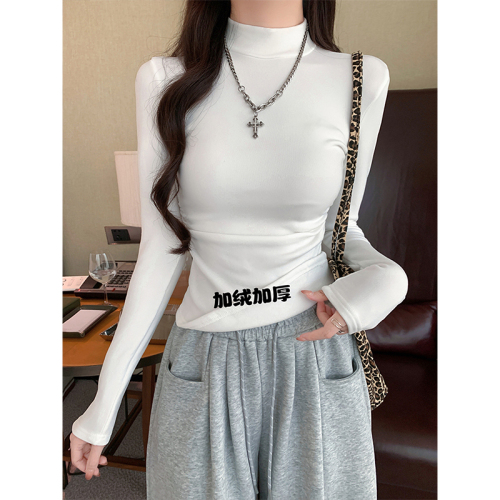 Thickened velvet half turtleneck long-sleeved T-shirt bottoming shirt for women with design pleated slim fit top
