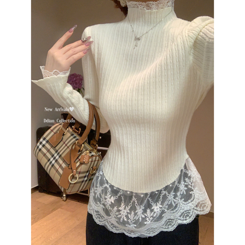 Autumn and winter Korean style half turtleneck lace splicing gentle sweater Andy velvet bottoming long-sleeved sweater