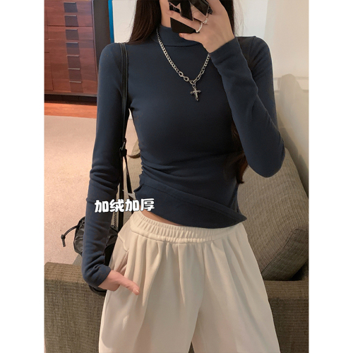 Thickened velvet half turtleneck long-sleeved T-shirt bottoming shirt for women with design pleated slim fit top
