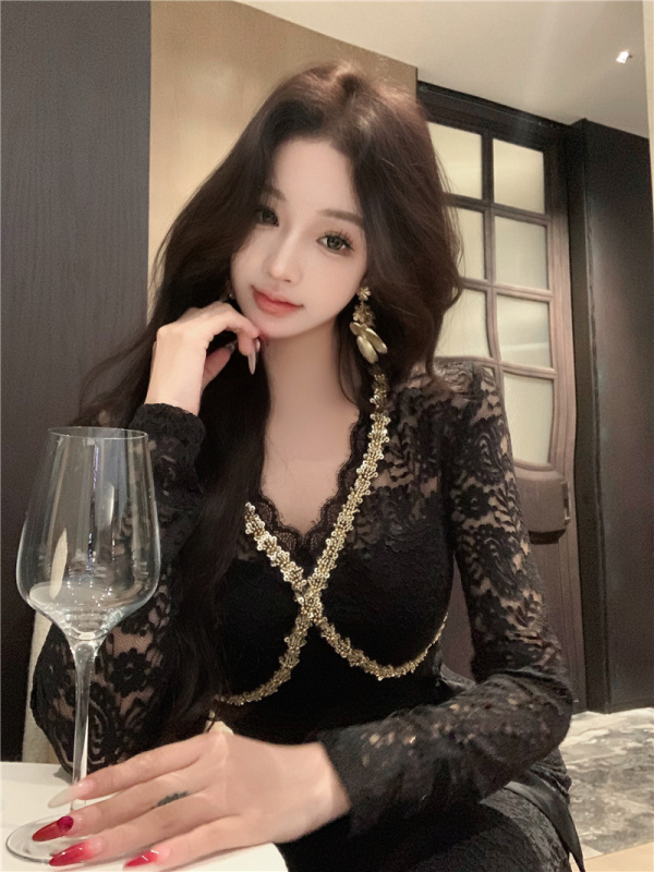 French socialite V-neck heavy industry beaded long-sleeved lace fishtail waist-covering hip dress short skirt long skirt