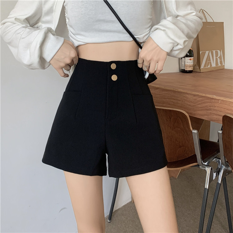 Women's casual black Korean style high-waisted solid color shorts with velvet pockets and wide-leg shorts for small people to wear outside