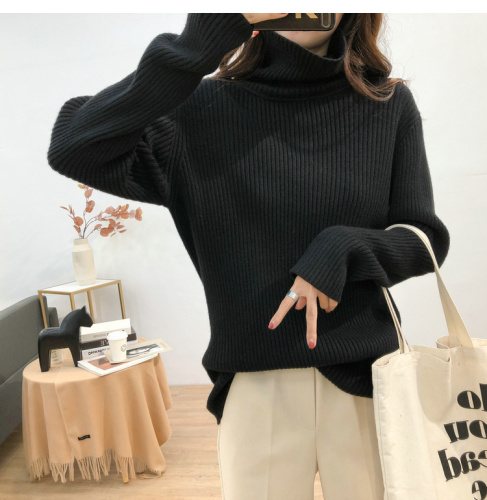 Red lazy loose pitted turtleneck sweater for women autumn and winter new Korean version with slim vertical texture knitted sweater top