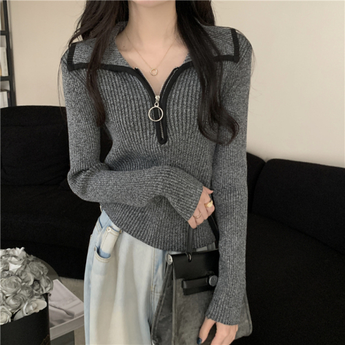 American lapel half-zip sweater for women autumn 2024 new outer wear high-end slim and chic long-sleeved sweater
