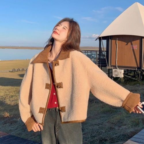 Fur-in-one reversible lambswool coat for small women, fashionable and temperamental, thickened short suede top