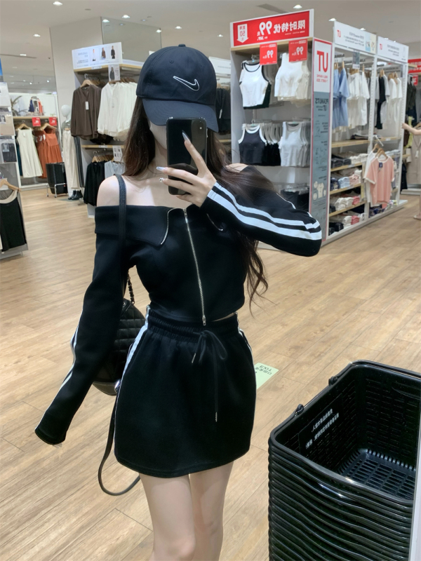 One-shoulder zipper early season new coat drawstring slimming skirt two-piece set