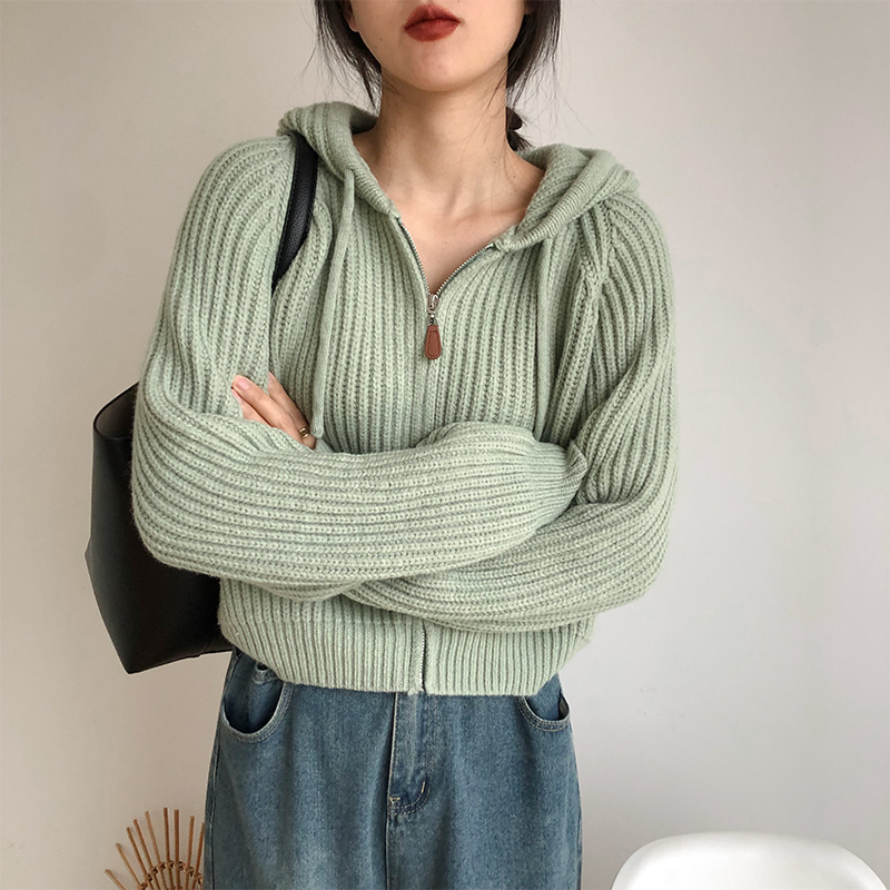 Korean college style hooded short knitted cardigan top spring and autumn sweater jacket for women loose and lazy style