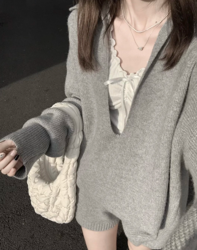 Korean style lazy style V-neck gray sweater for women spring and autumn relaxed lapel pullover sweater and woolen pants two-piece set