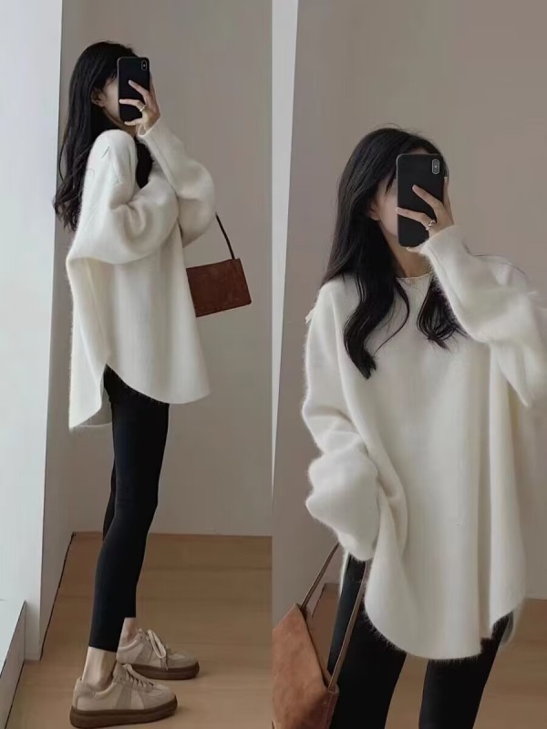 Mid-length sweater for women, hot style in autumn and winter, gentle and lazy style, high-end French knitted bottoming shirt with top