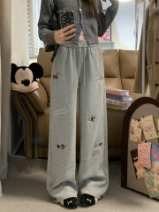 New velvet and thickened dog embroidered casual sports pants high waist slimming wide leg pants