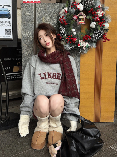 Lazy style loose letter round neck pullover sweatshirt + drawstring retro plaid A-line skirt two-piece set