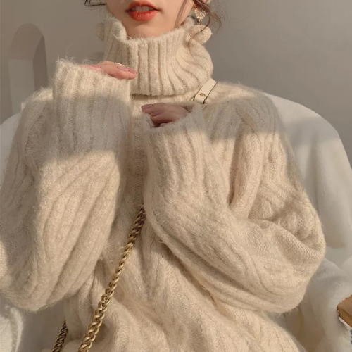 Autumn and winter turtleneck sweater for women 2024 new style lazy style loose outer wear thickened retro twist knitted sweater top