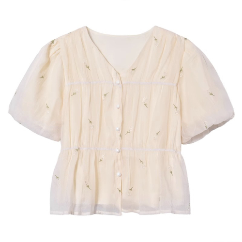 Designed niche shirts, age-reducing tops for women, summer French embroidered puff sleeves, short-sleeved gentle shirts