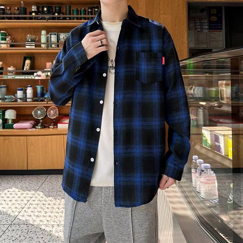 Long-sleeved plaid shirt men's spring and autumn loose Korean style fashion trend casual outer wear brushed shirt jacket