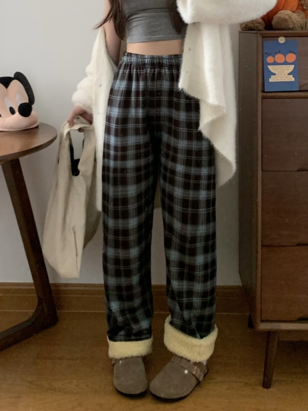 Autumn and winter lamb velvet thickened warm plaid wide-leg pants slimming home versatile straight-leg pants