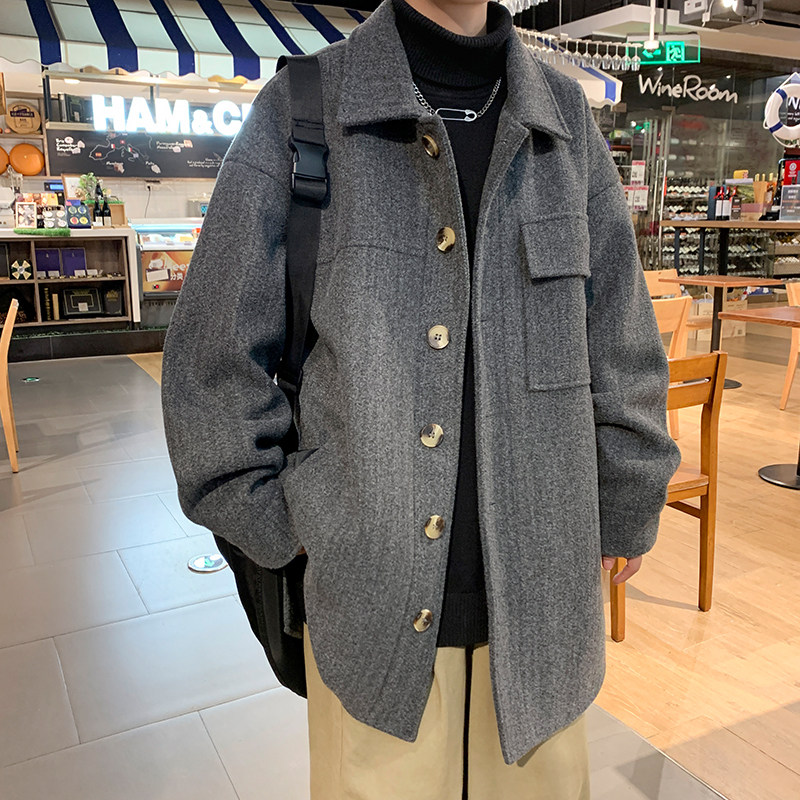 Woolen coat men's mid-length loose woolen windbreaker autumn and winter thickened casual coat