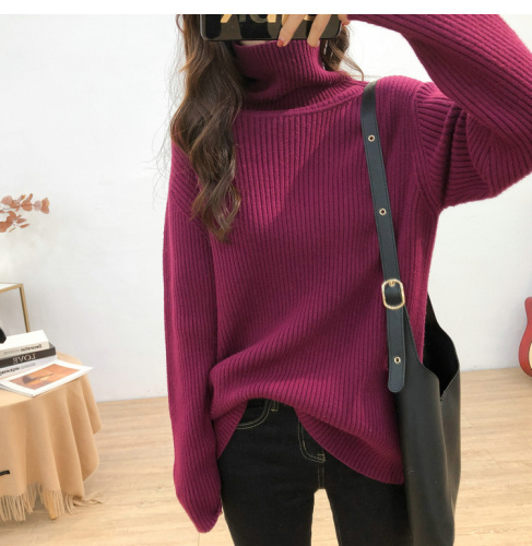 Red lazy loose pitted turtleneck sweater for women autumn and winter new Korean version with slim vertical texture knitted sweater top