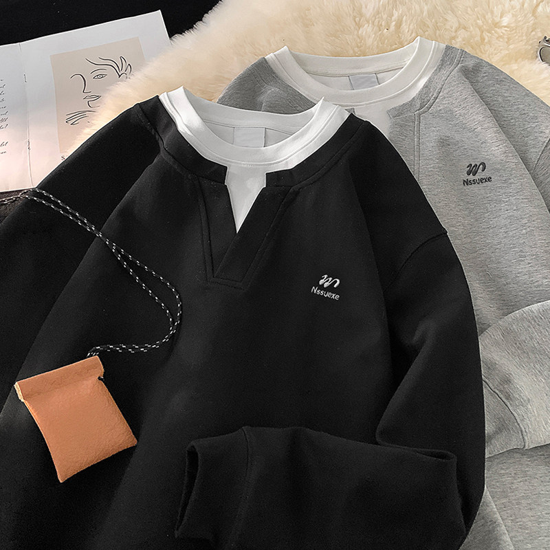 Limited to 78 high-click heavy embroidery V-neck fake two-piece sweatshirt with bottoming long sleeves