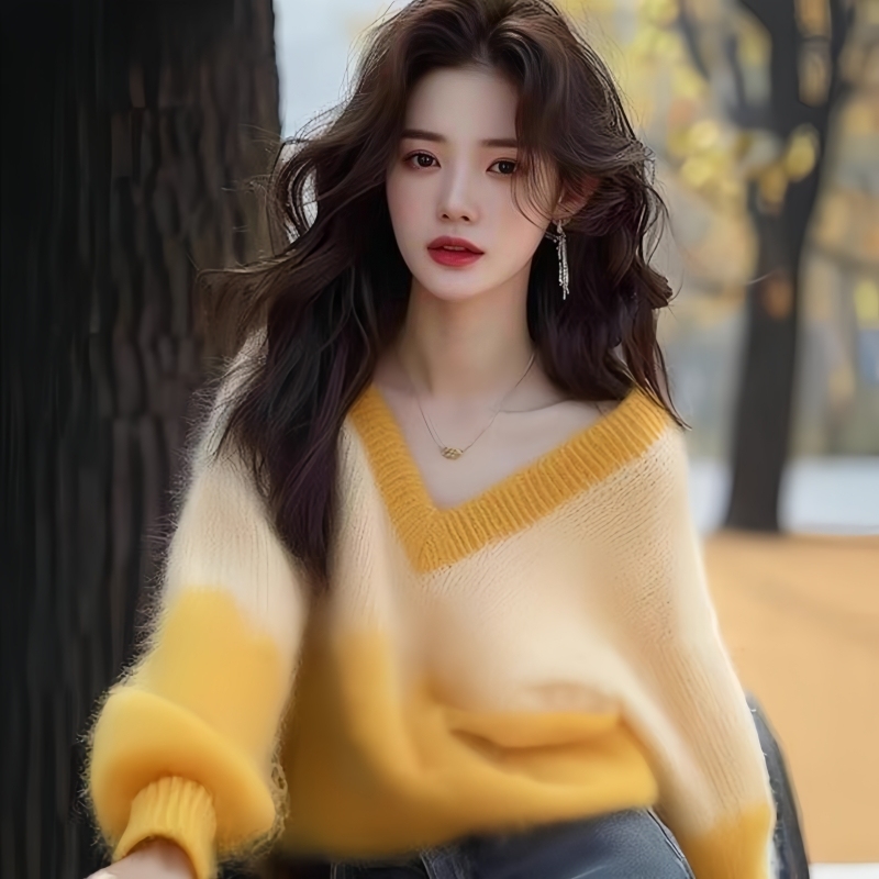 2024 autumn and winter new style French style lazy yellow loose sweater knitwear high-end unique tops for women