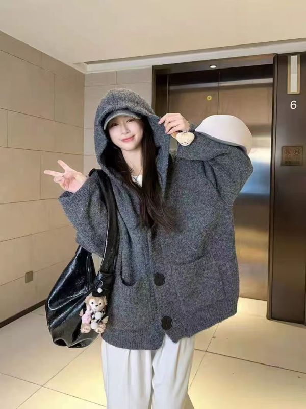 Korean Dongdaemun lazy style hooded knitted cardigan sweater jacket autumn and winter new style