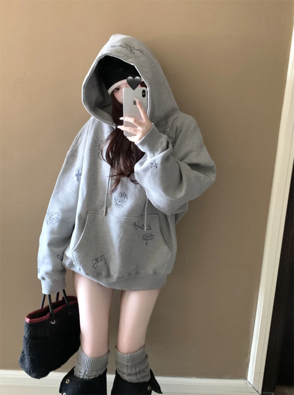 Gray lazy loose hooded velvet sweatshirt for women oversize casual jacket for women trendy