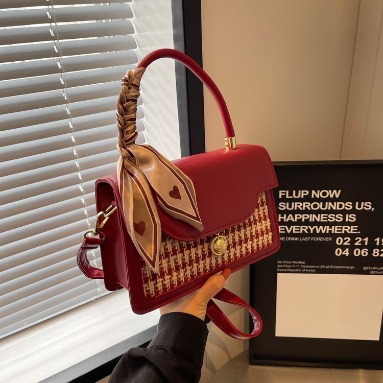 Plaid PU trendy personality daily silk scarf bow women's bag shoulder bag crossbody bag metal buckle women's bag