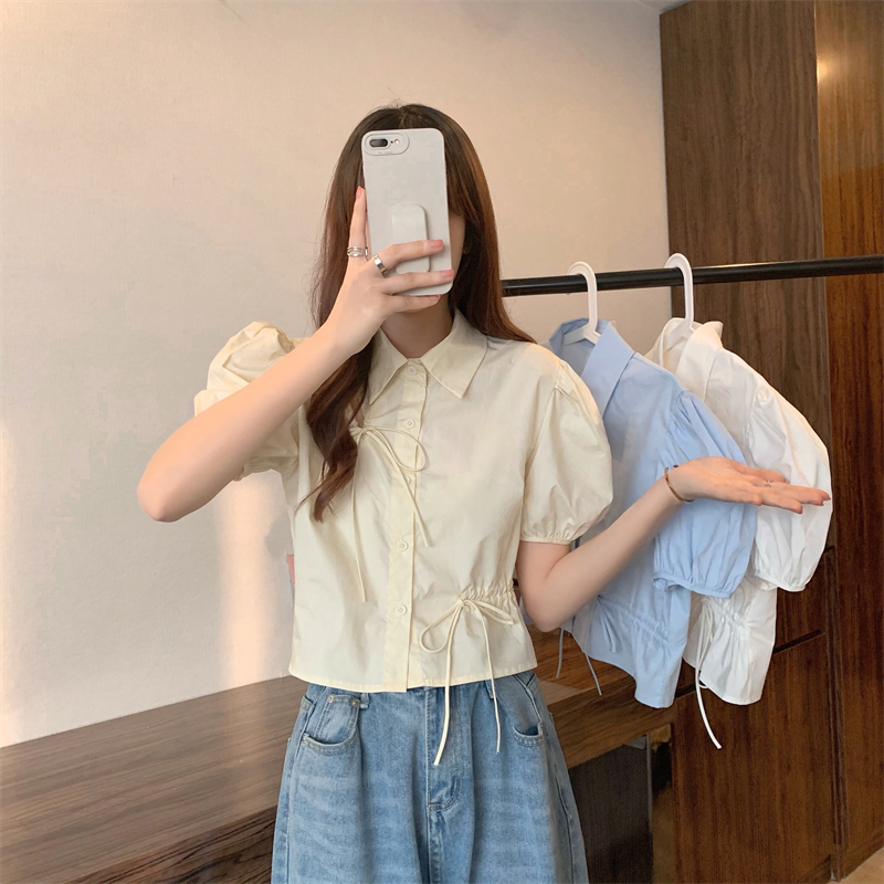 Actual shot and real price Designed white top with lace-up hollow short puff sleeve shirt