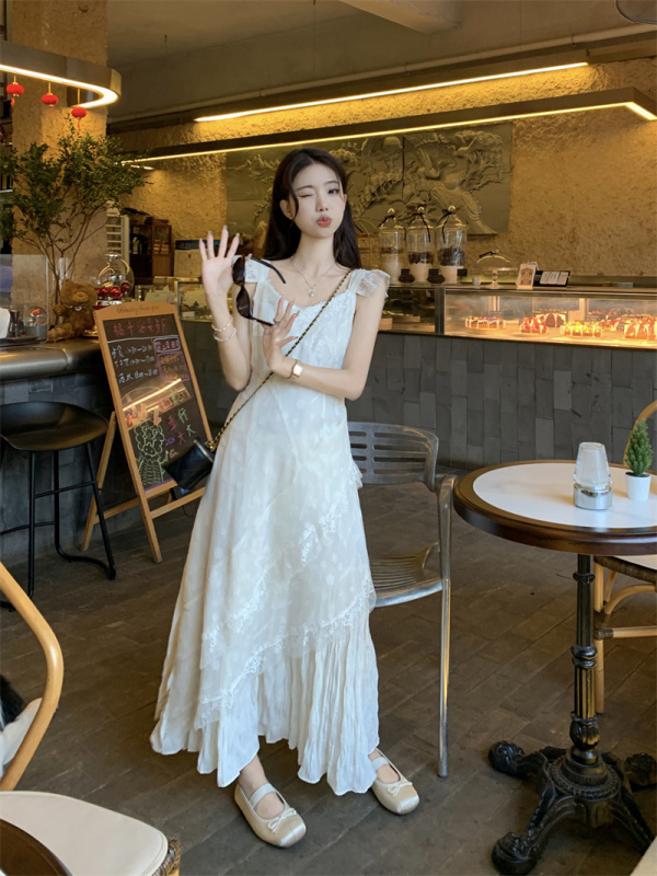 Real shot and real price French splicing lace design slim dress 2024 new summer V-neck long dress