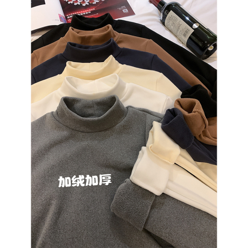 Thickened velvet half turtleneck long-sleeved T-shirt bottoming shirt for women with design pleated slim fit top