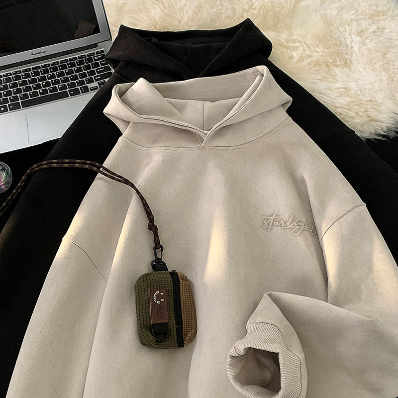 Heavyweight pullover hooded sweatshirt suede versatile jacket casual