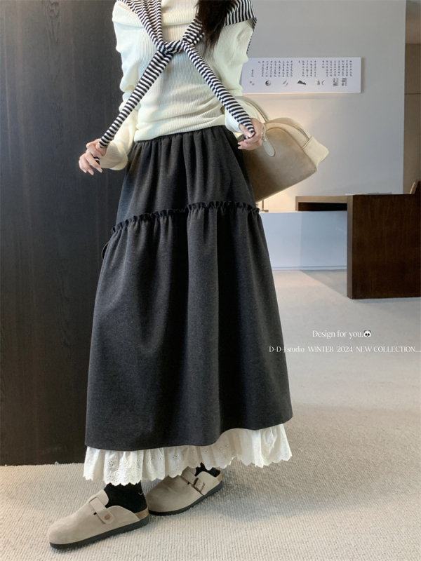 Elastic waist fungus lace splicing skirt women's autumn and winter new high-waist slimming A-line long skirt