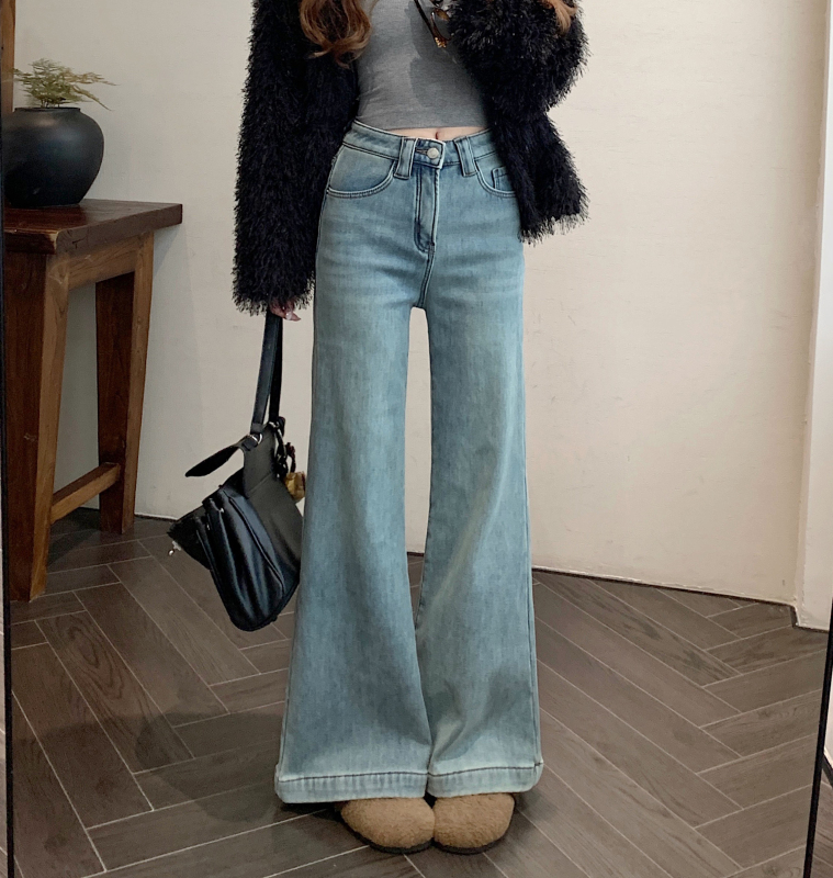 Winter new style velvet thickened off-season blue high-waisted stretchy bootcut jeans