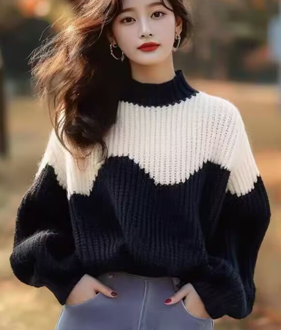 Fashionable spliced ​​pullover sweaters for women 2024 winter new Korean style lazy style loose soft waxy bottoming wool clothes