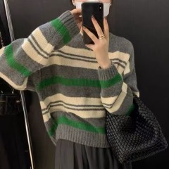 Contrast striped sweater for women in spring and autumn, soft and waxy top, raccoon velvet pullover, lazy style sweater, autumn and winter